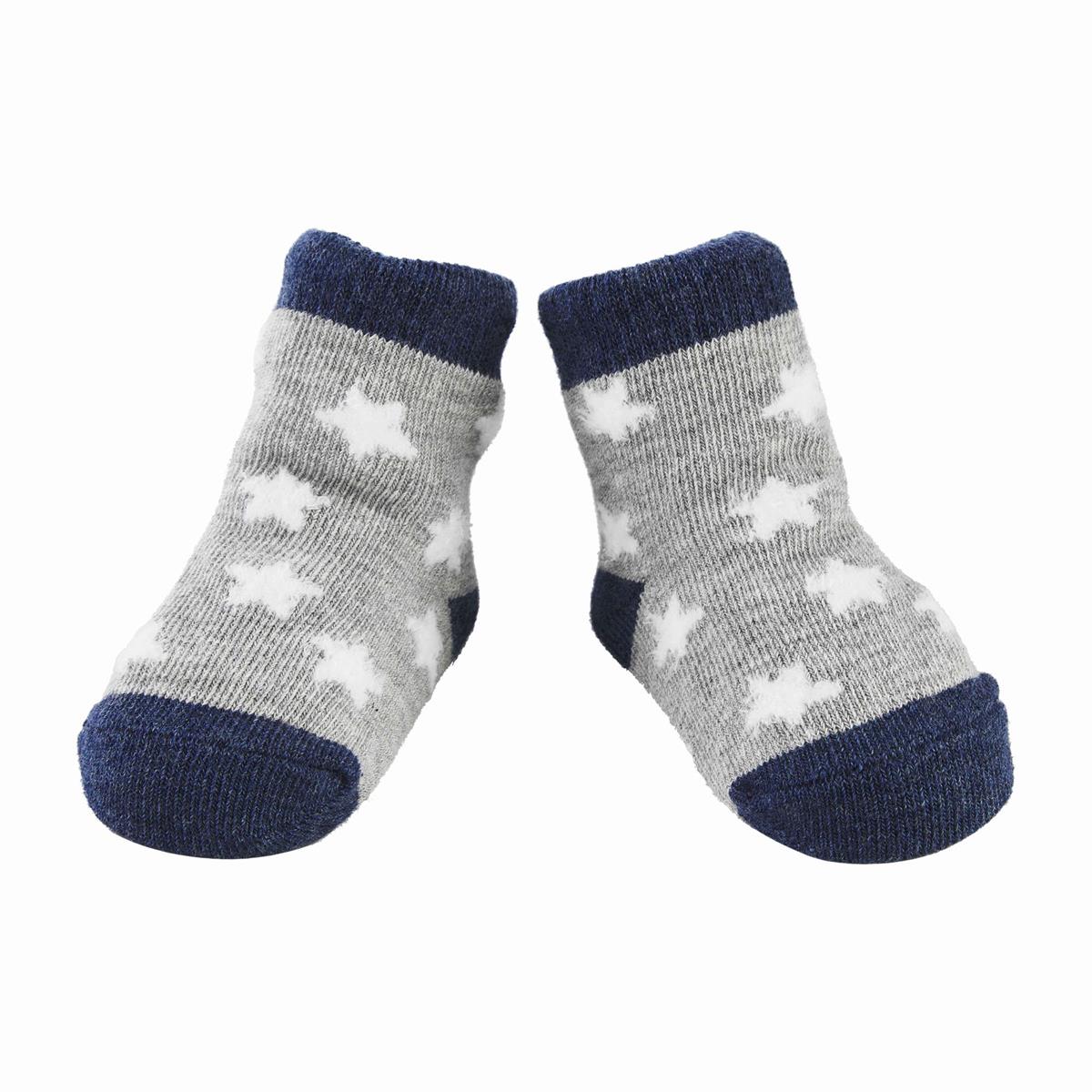 grey infant socks with white stars and blue toes, heels, and rim.