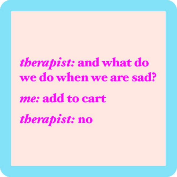 pale pink coaster with turquoise boarder and purple text