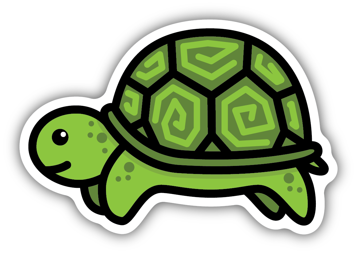 sticker on white background. sticker has graphic of green turtle.