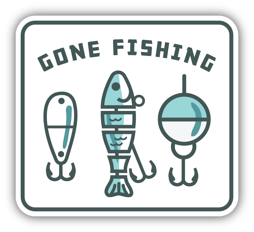 sticker on white background. sticker has graphic of fishing lures and a fishing weight with "gone fishing" written across the top in grey letters