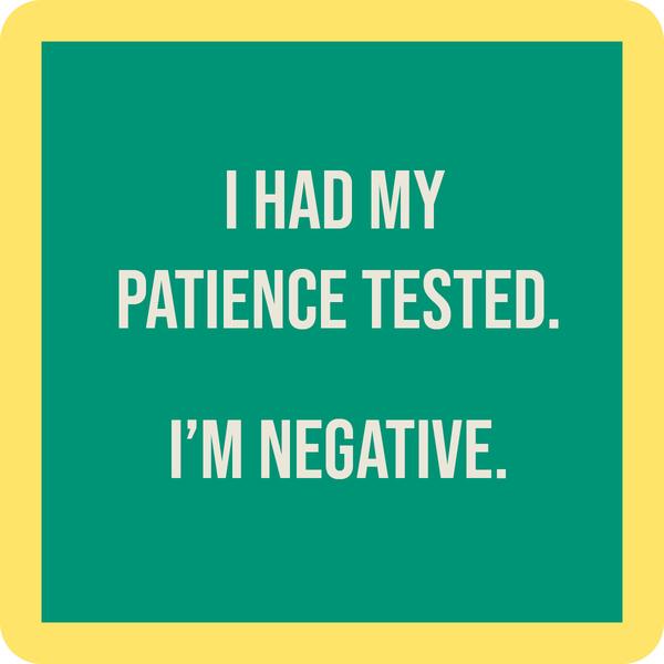 teal coaster with yellow boarder and white text