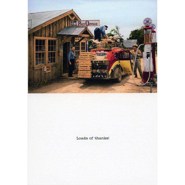 inside of card is the back of a car at an old gas station and inside text