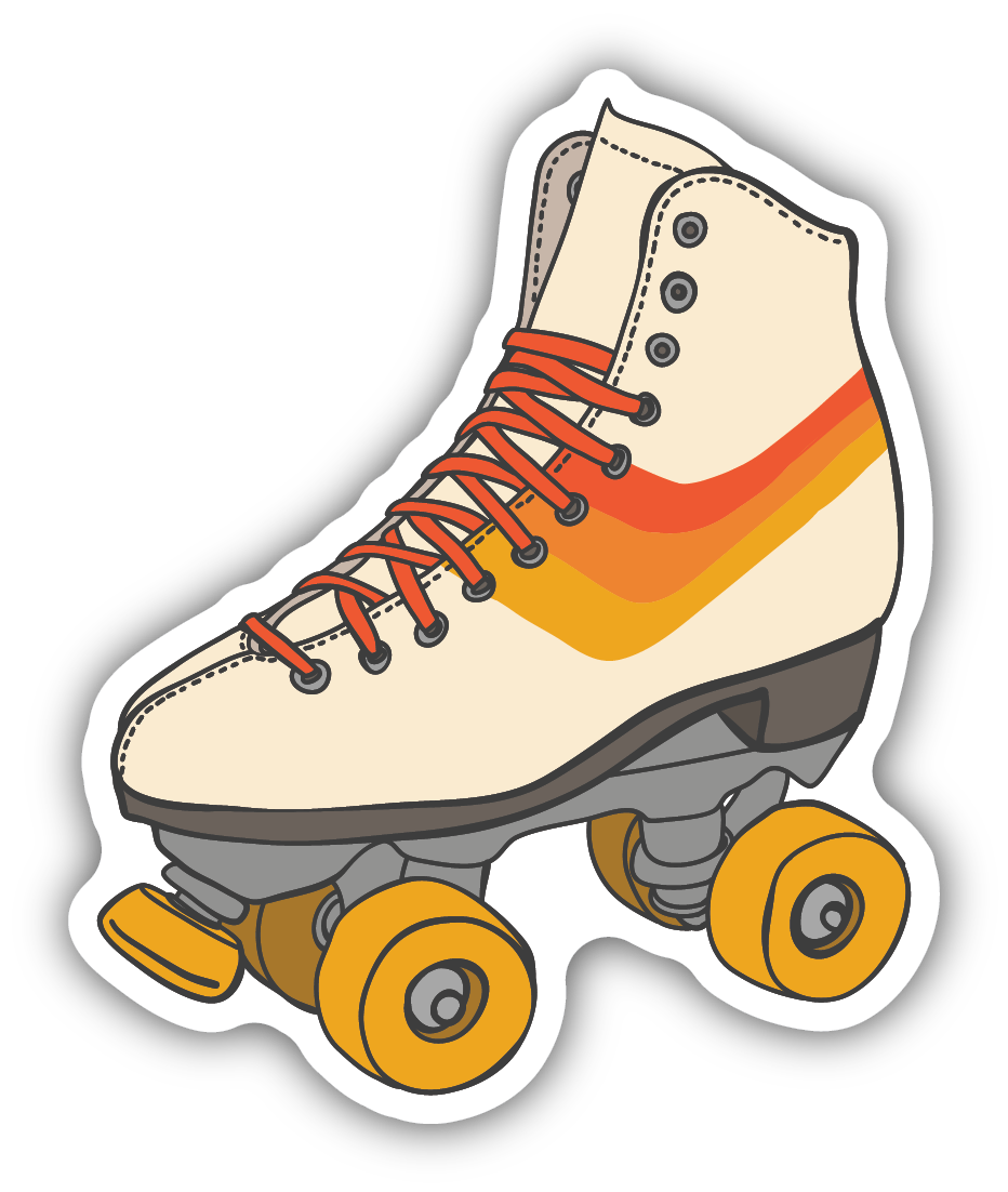 cartoon stylized roller skate with orange laces and yellow wheels