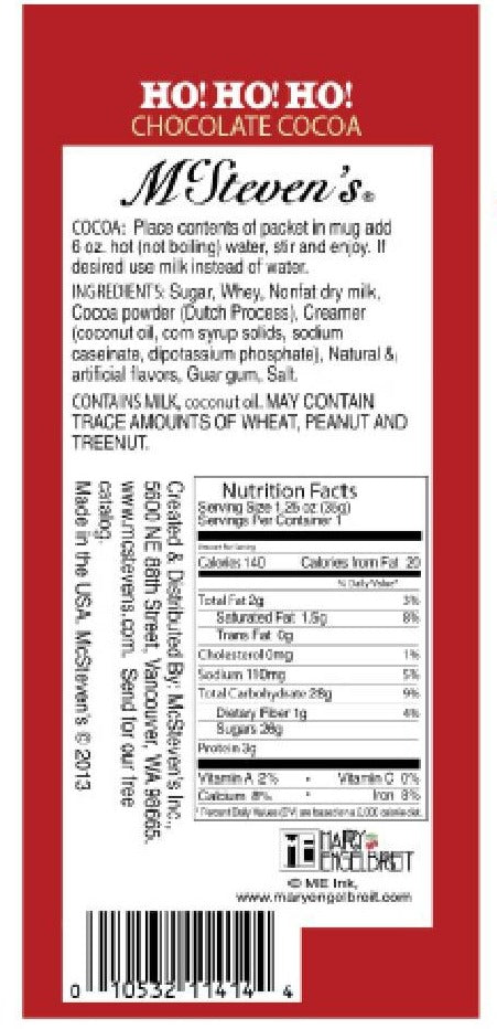 back view of cocoa packet with Nutrition facts on product label. Call 501-327-2182 for more information.