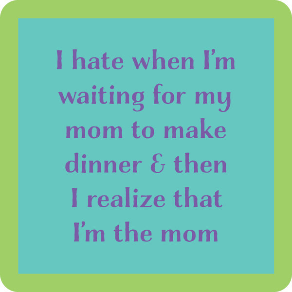 light blue coaster with green boarder and purple text