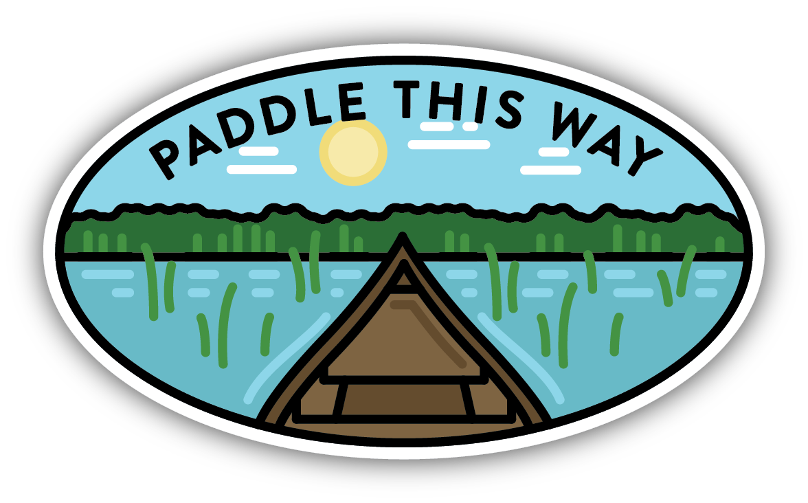cartoon stylized canoe in marshy water on a sunny day with text "paddle this way"