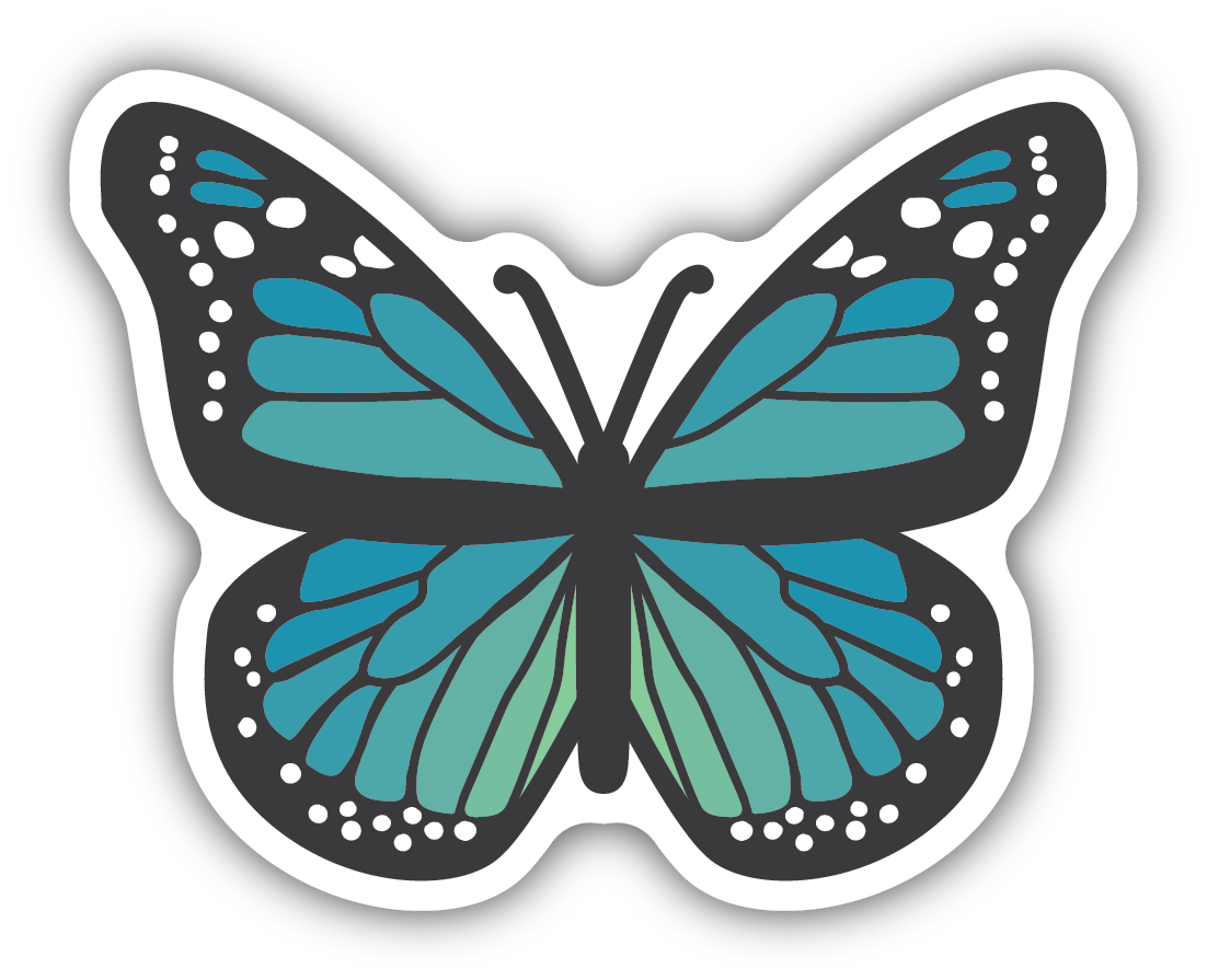 cartoon stylized blue ombre butterfly with wings open.