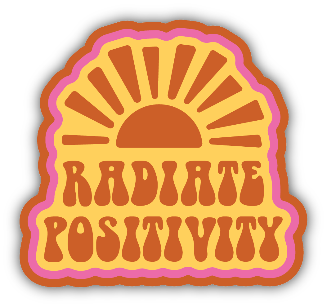 yellow background and graphic of sunshine with text: "radiate positivity" in orange