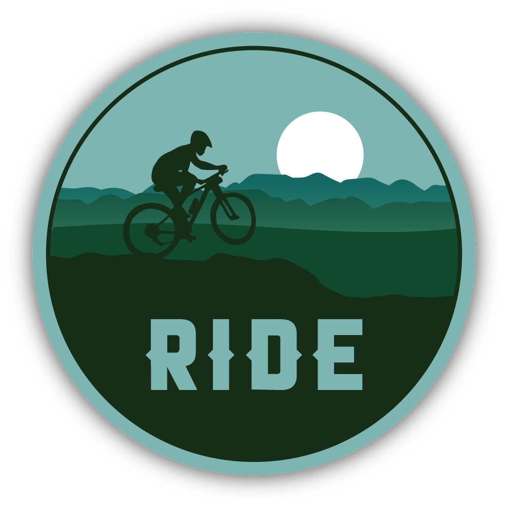 blue and teal mountainous landscape with a mountain biker silhouette and "ride" text