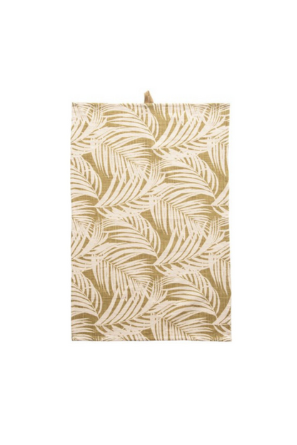 mustard dishtowel with cream palm leaf design.