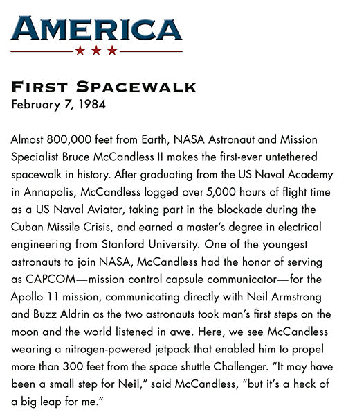 back of card describing the 1984 first spacewalk mission