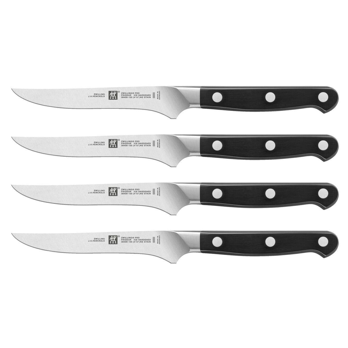 set of four steak knives with rivet black handles on white background a