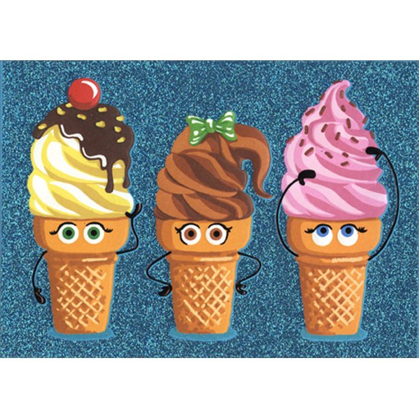 front of card is a drawing of ice cream cones that have eyes and arms fixing their hair which is the ice cream