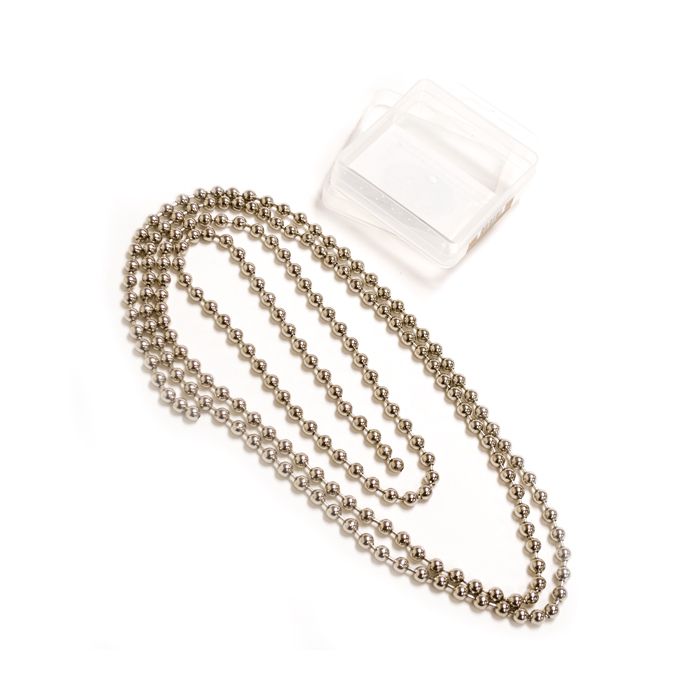 chain of pie weights and their storage box.