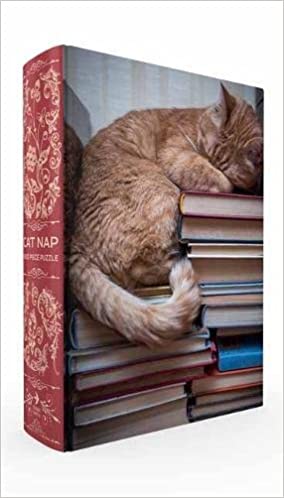 box has image of books stacked on side with  cat sleeping on books