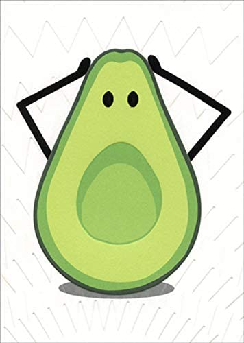 front of card is a drawing of an avocado with dot eyes and arms on head with the pit gone looking like a surprised face