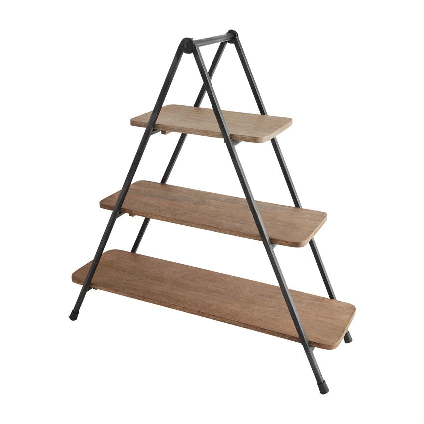 three tier wood and metal serving stand on a white background