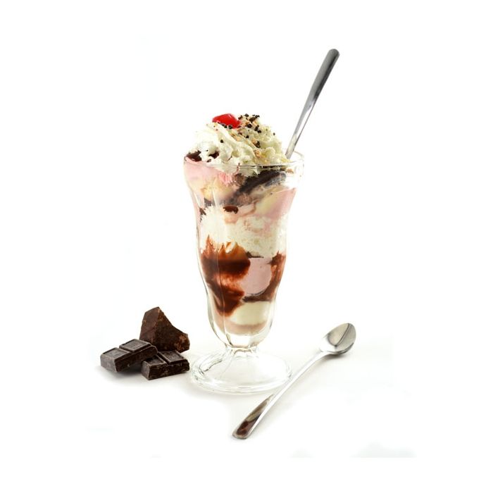 ice cream sundae with long spoon in it.