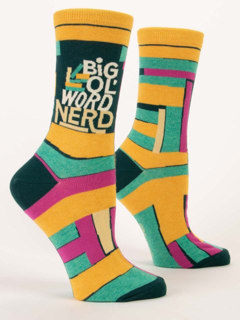 side view of big ol' word nerd crew socks on a white background
