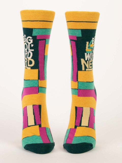 front view of big ol' word nerd crew socks on a white background