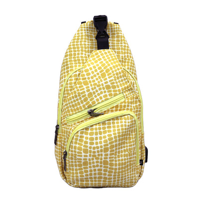 yellow anti-theft daypack with abstract grid design on a white background.