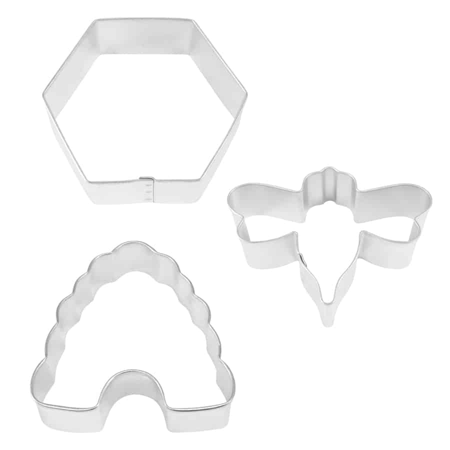 hexagon, bee, and hive shaped metal cookie cutters.