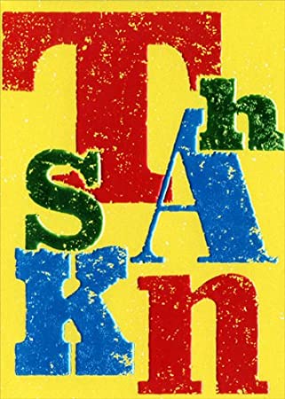 front of card is a yellow background with large letters that spell thanks