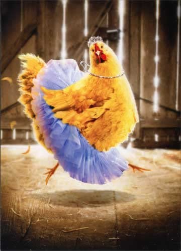front of card is a photograph of a dancing chicken wearing a tutu, tiara and necklace