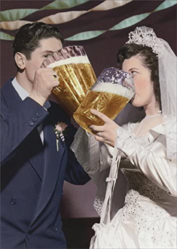 front of card is a photograph of a couple drinking pitchers of beer at their wedding