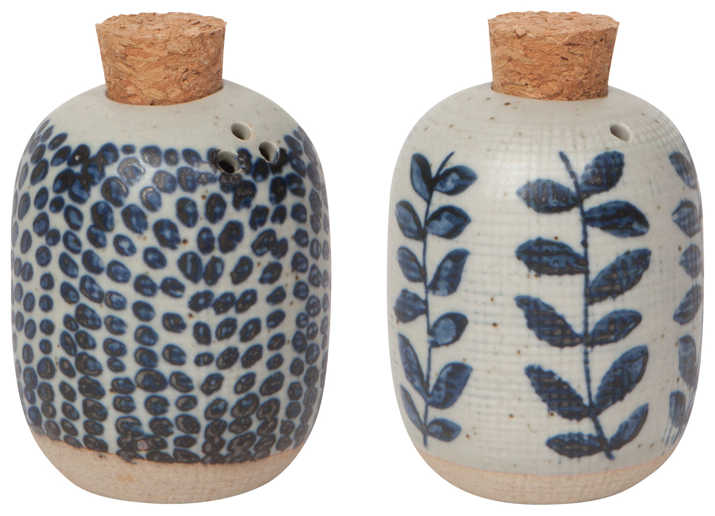 2 shakers with blue patterns and cork stoppers on top.
