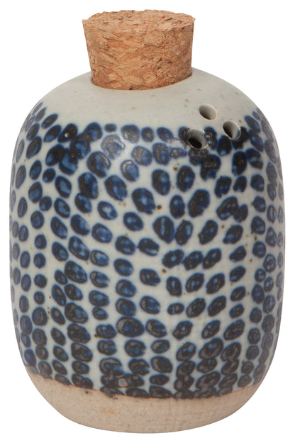 off-white shaker with blue dot design, 3 holes, and a cork stopper on top.