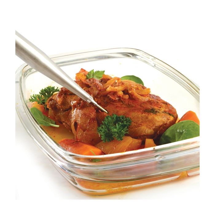 baster with needle attachment in meat in baking dish.