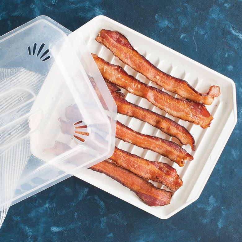 top view of bacon tray with bacon on it.