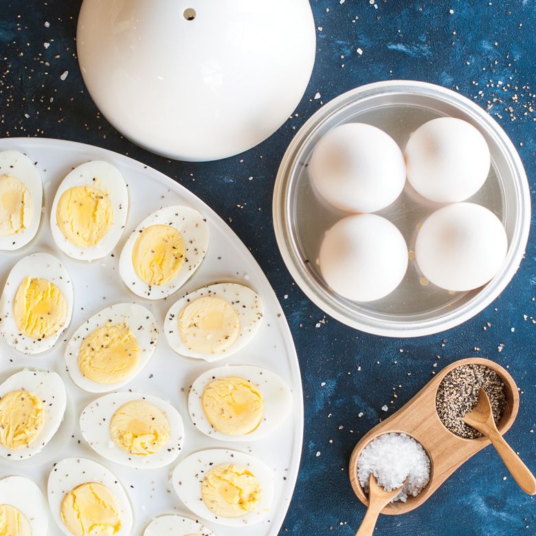 top view of Microwave Egg Boiler with lid off and tray of deviled eggs.
