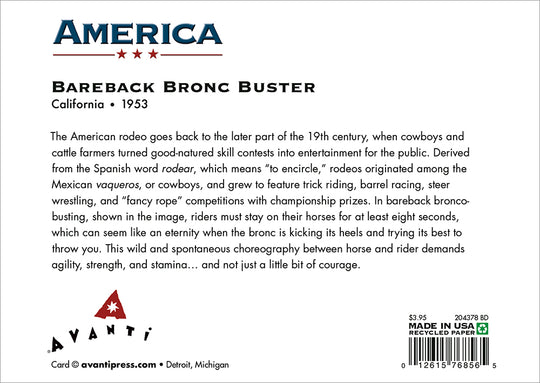 back of card gives some historical context to the cowboy riding a busting bronco