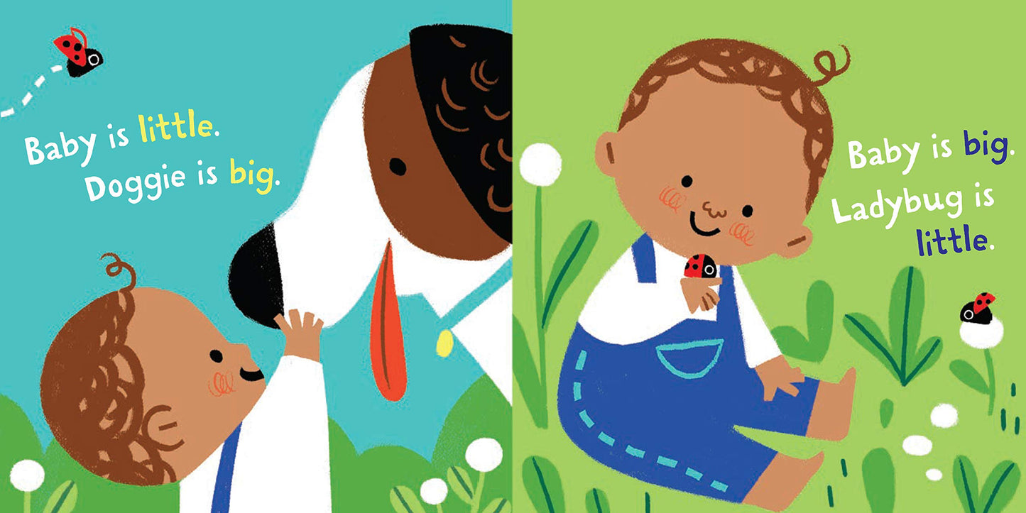 a set of pages with illustration of a baby boy holding a dogs nose while outside and the other of a baby boy looking at a ladybug on his finger while sitting in the grass, and text