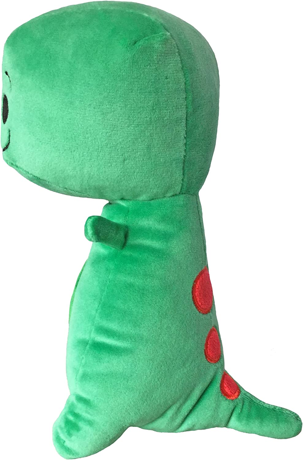 side view of tiny t rex plush toy on a white background