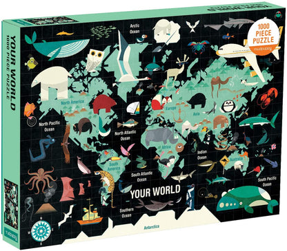 front cover of box has a world map with ocean and land animals