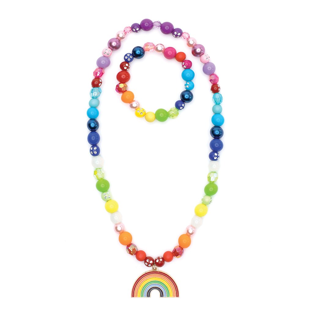the double rainbow necklace and bracelet set on a white background