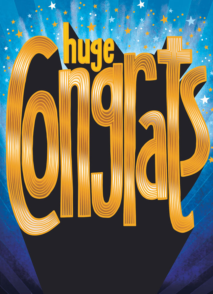 front of card has text "huge congrats" in gold colors against a blue background filled with gold, blue, and white stars