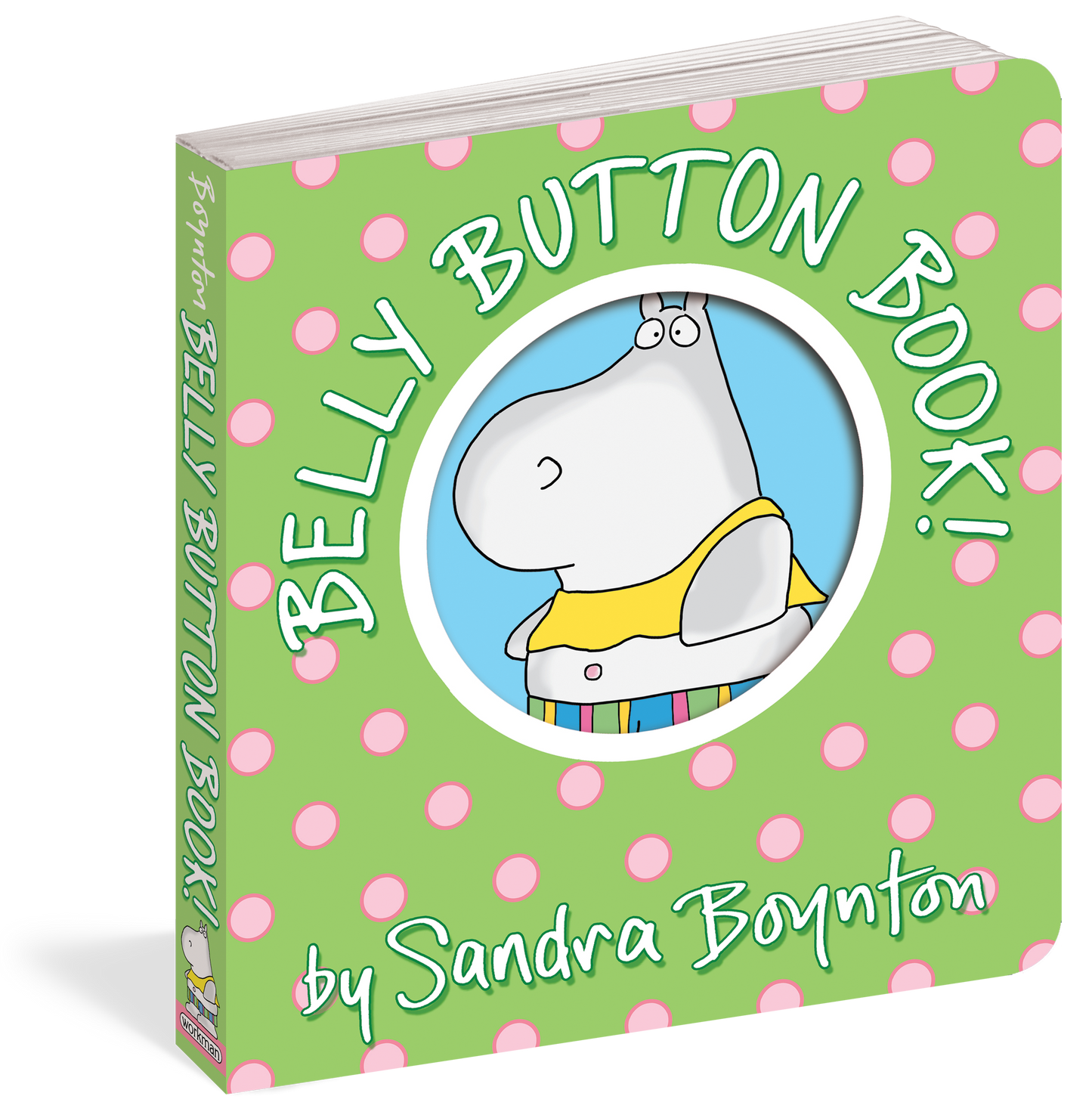 cover of book is green with pink polka dots with a cutout to view the hippo, title, and author's name