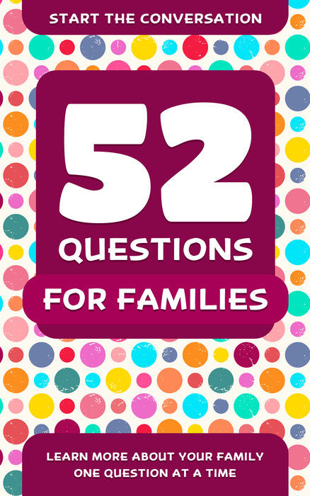 front cover of 52 questions for families designed with a colorful dotted background.