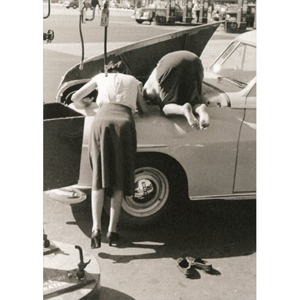 front of card is photograph of women looking into the engine of a car from the 1948