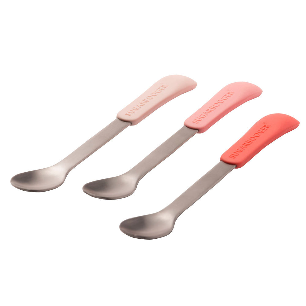 3 stainless steel spoons with silicone handles that are solid light pink, pink, or dark pink.