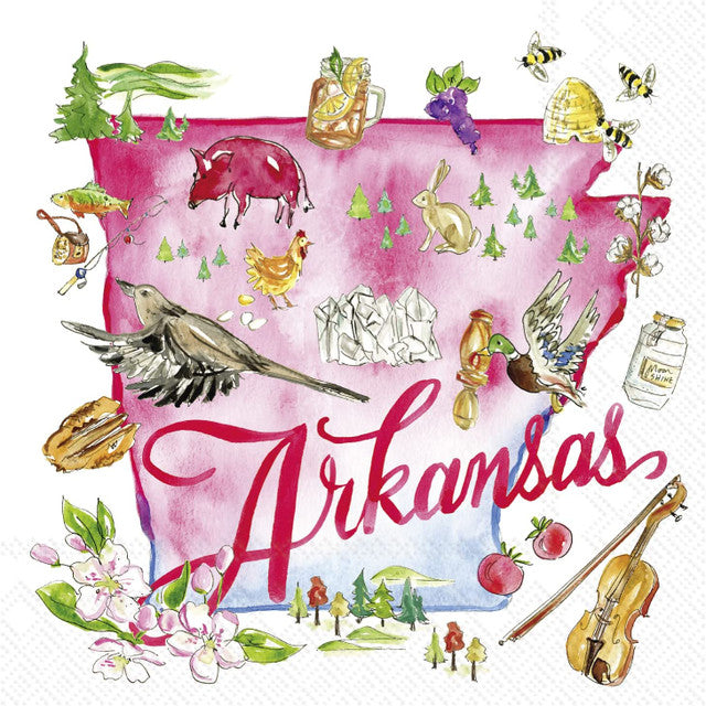 white napkin with arkansas and various symbols of the state.
