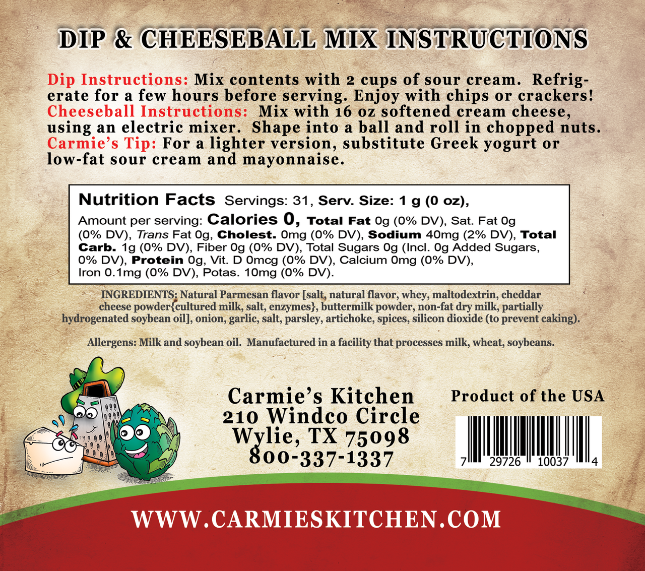 Nutrition facts and ingredients on the back of the package. For more information call 501-327-2182.