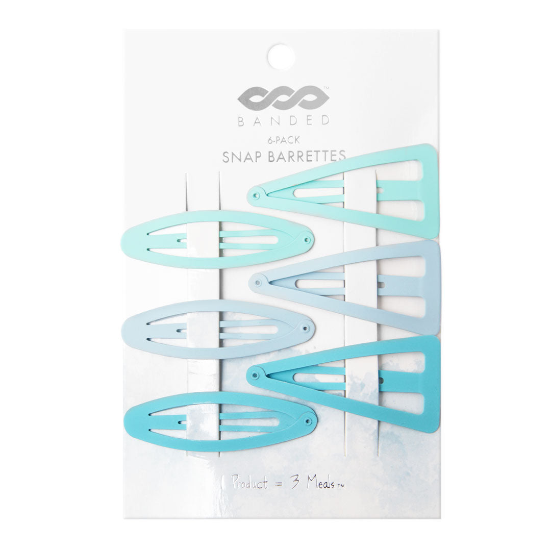 all 6 shades of blue metal snap barrettes on the hanging card displayed on a white background