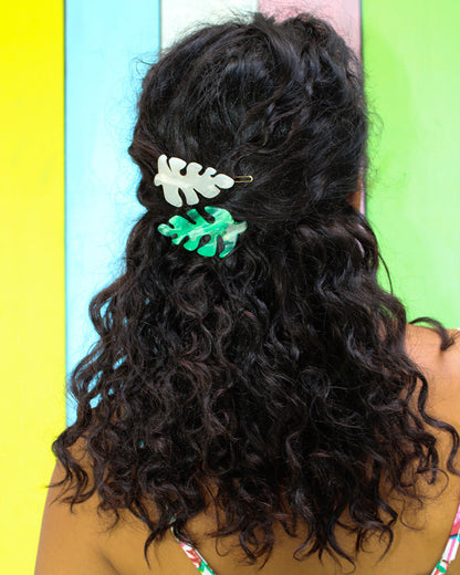 back view of a womans head with unbeleafable acrylic barrettes in her hair
