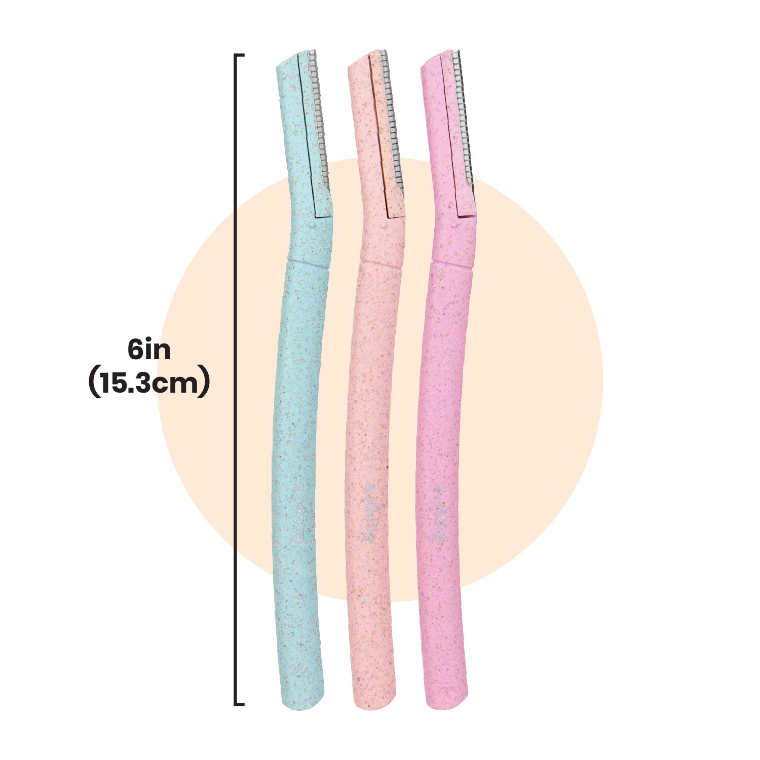 illustration showing the overall length of three different color ecopro biodegradable razors being 6 inches in length on a white background
