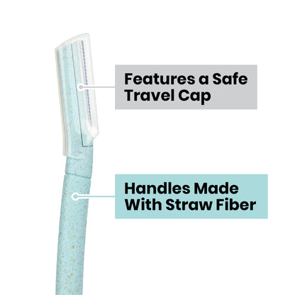 illustration of the safe travel cap and that the handle is made with straw fiber on the ecopro biodegradable razor on a white background